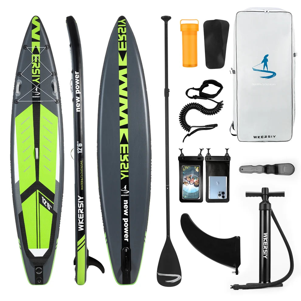 WKERSIY 12'6" Racing SUP Verde - Vistas frontal, lateral y trasera