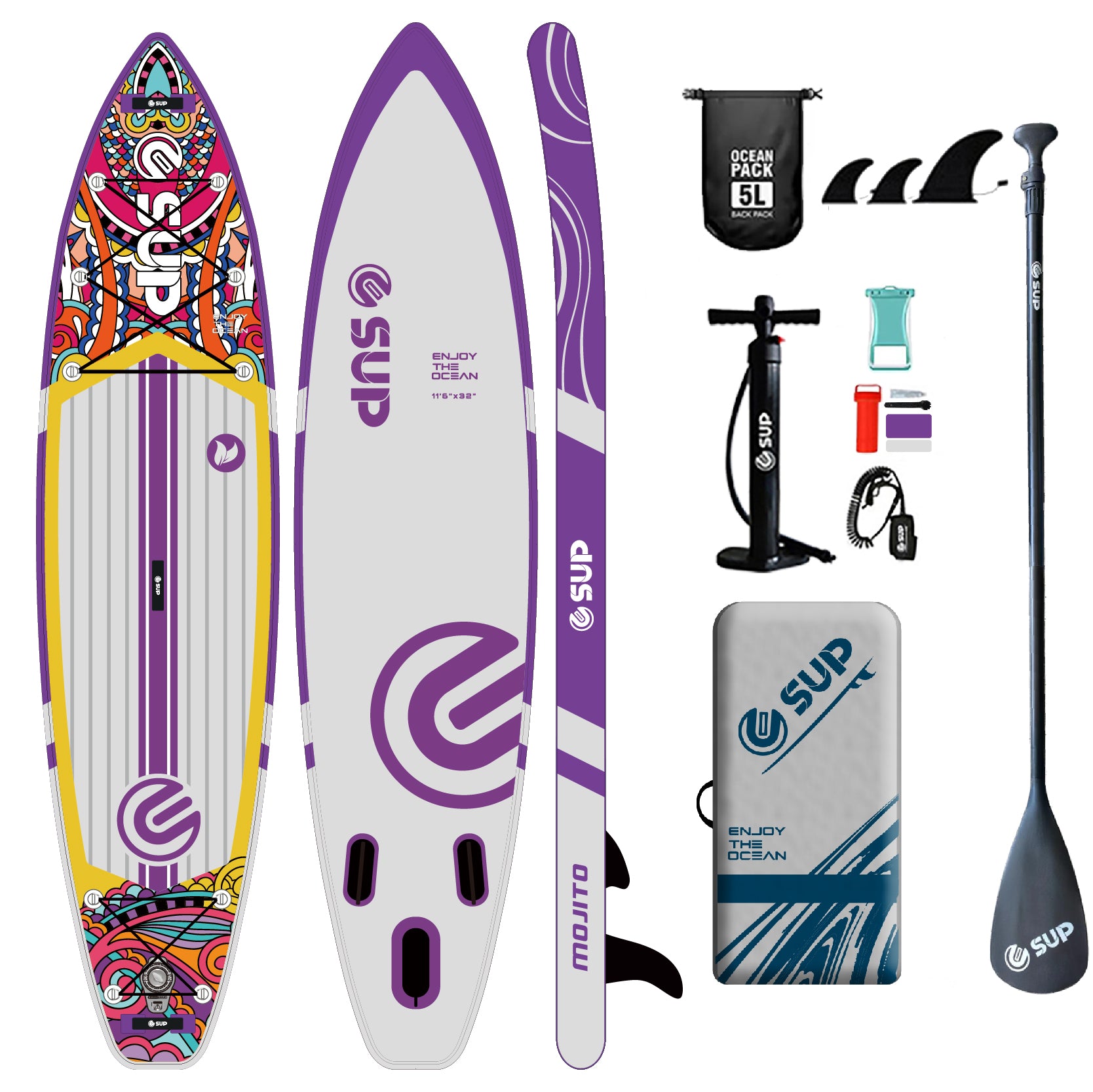 Tabla SUP Inflable ESUP Mojito Purple 11'6" x 32" – Kit Completo