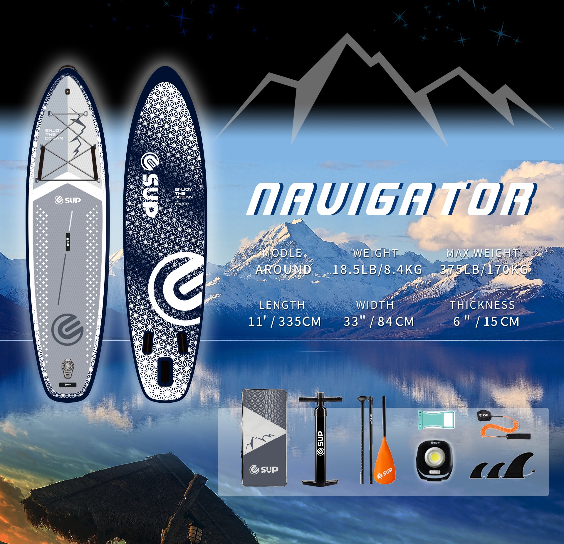 Tabla SUP Inflable ESUP Navigator 11' x 33" – Kit Premium con LED
