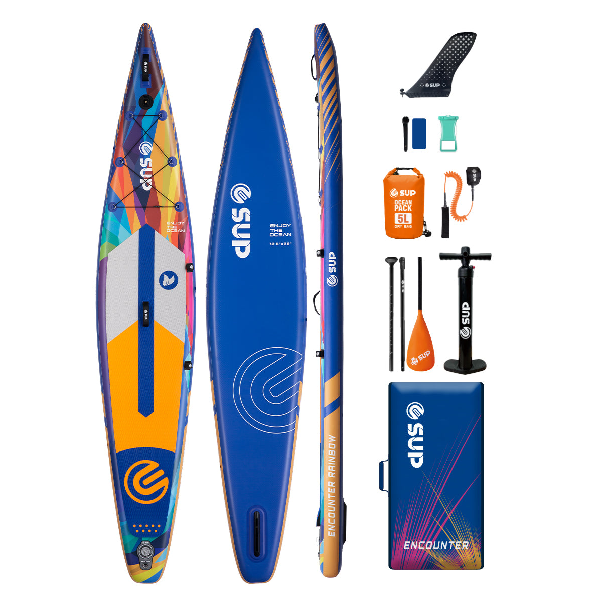 Tabla SUP Inflable ESUP Encounter Rainbow 12'6" x 28" Navy – Racing Kit Completo