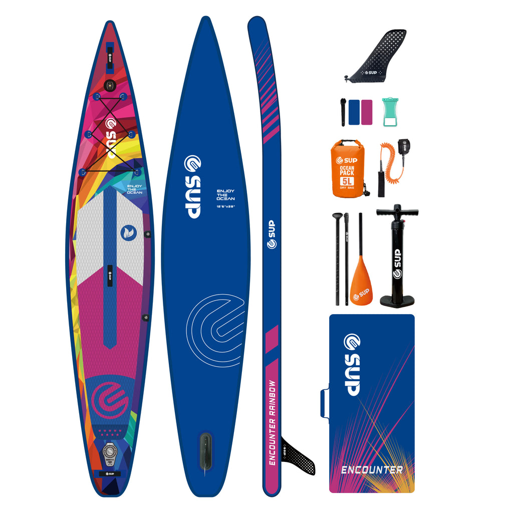 Tabla SUP Inflable ESUP Encounter Rainbow 12'6" x 28" – Racing Kit Completo